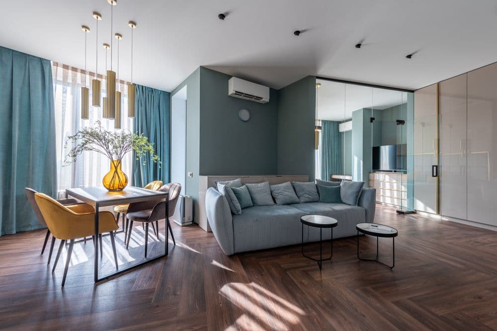Spacious living room with minimalist furniture